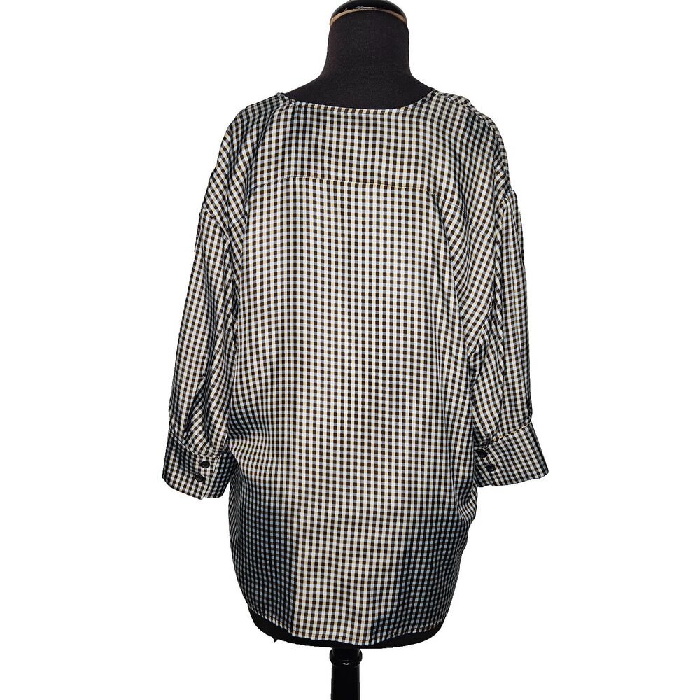 No. 6 Store 100% Silk Turin Top Blouse Large Gingham Check 3/4 Sleeve Button Up - Picture 6 of 9